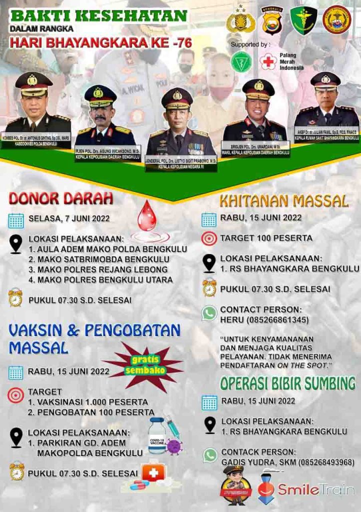 Semarak Hari Bhayangkara Ke-76, Polda Bengkulu Akan Gelar Bakti Kesehatan